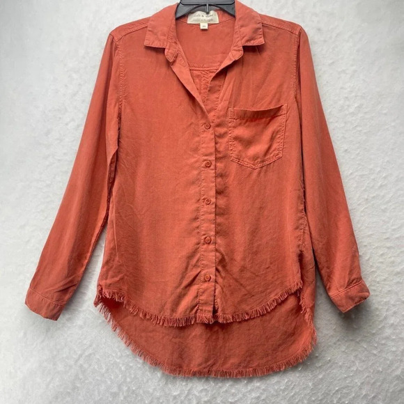 Cloth & Stone Shirt Women's Sz XS Orange Fringe High Low Hem Collared Button Up - Picture 1 of 9